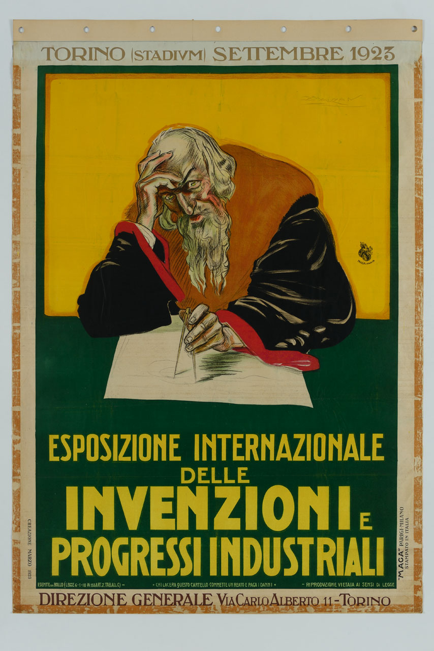 Leonardo da Vinci traccia cerchi con un compasso su un foglio (manifesto) di Mauzan Achille Luciano, MAGA (sec. XX)