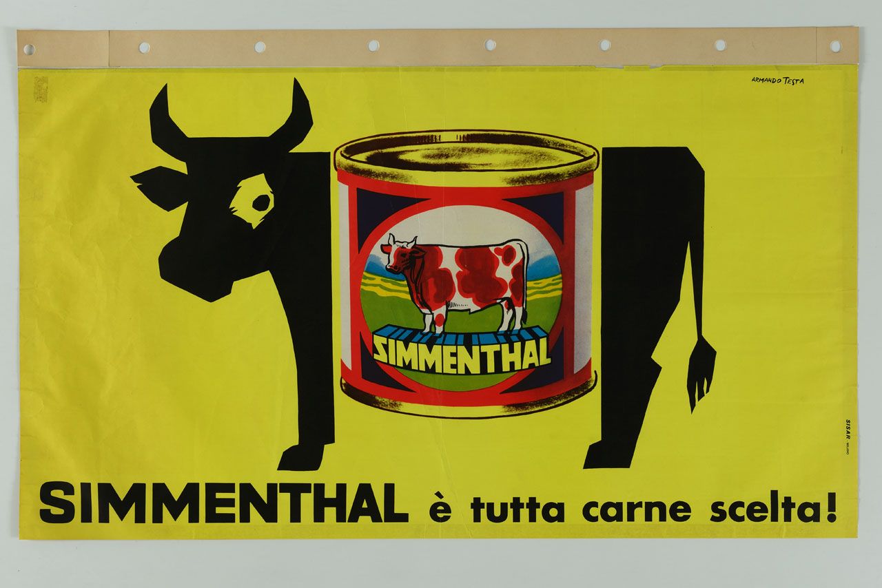 confezione in scatola di carne fuoriesce dalla sagoma di una mucca (manifesto) di Testa Armando (sec. XX)