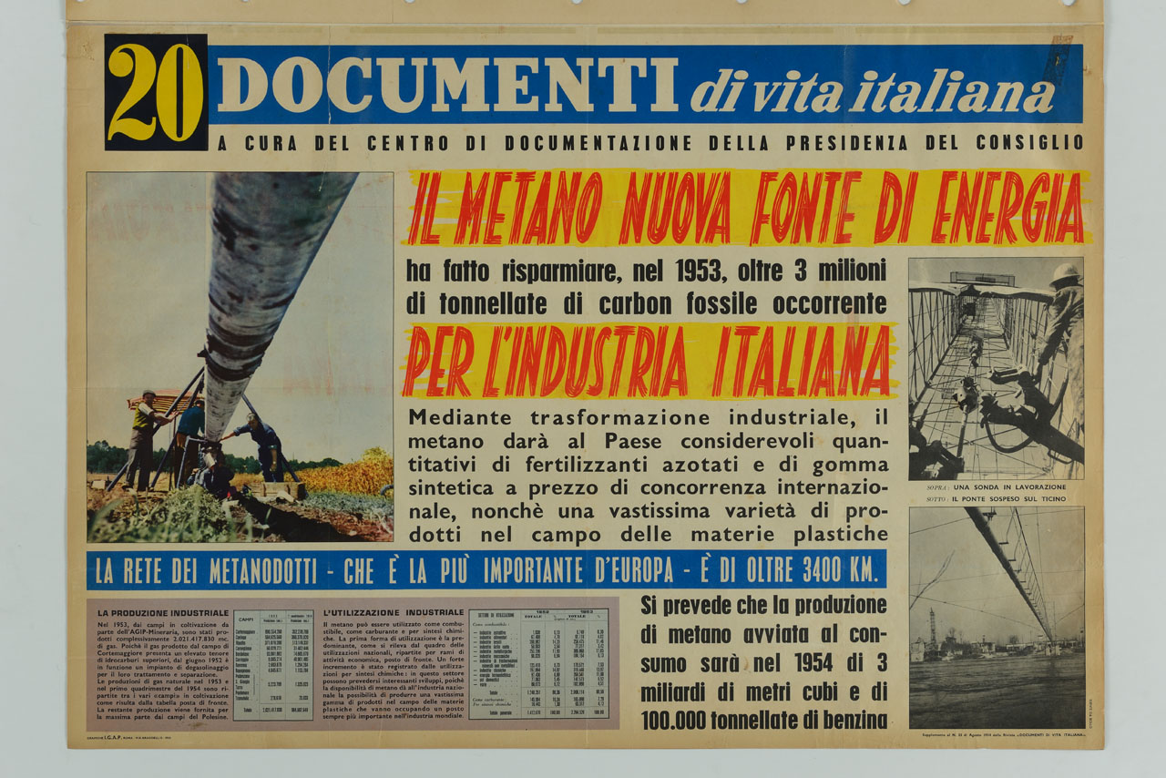 tre riquadri con installazione di tubi di un metanodotto, una sonda in lavorazione, un ponte sospeso sul Ticino (manifesto) - ambito italiano (sec. XX)