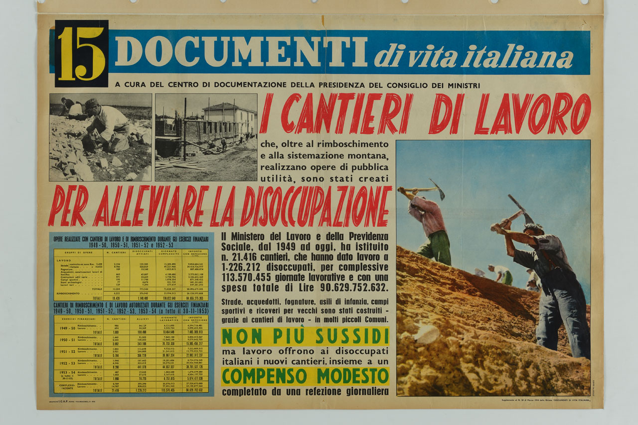 tre riquadri raffiguranti uomini al lavoro in cantieri edili (manifesto) - ambito italiano (sec. XX)