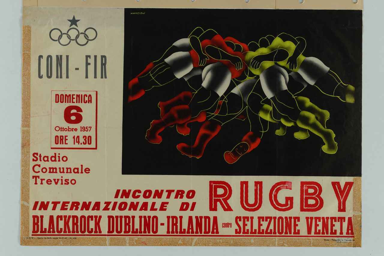 rugbisti in mischia (manifesto) di Mancioli Corrado (sec. XX)