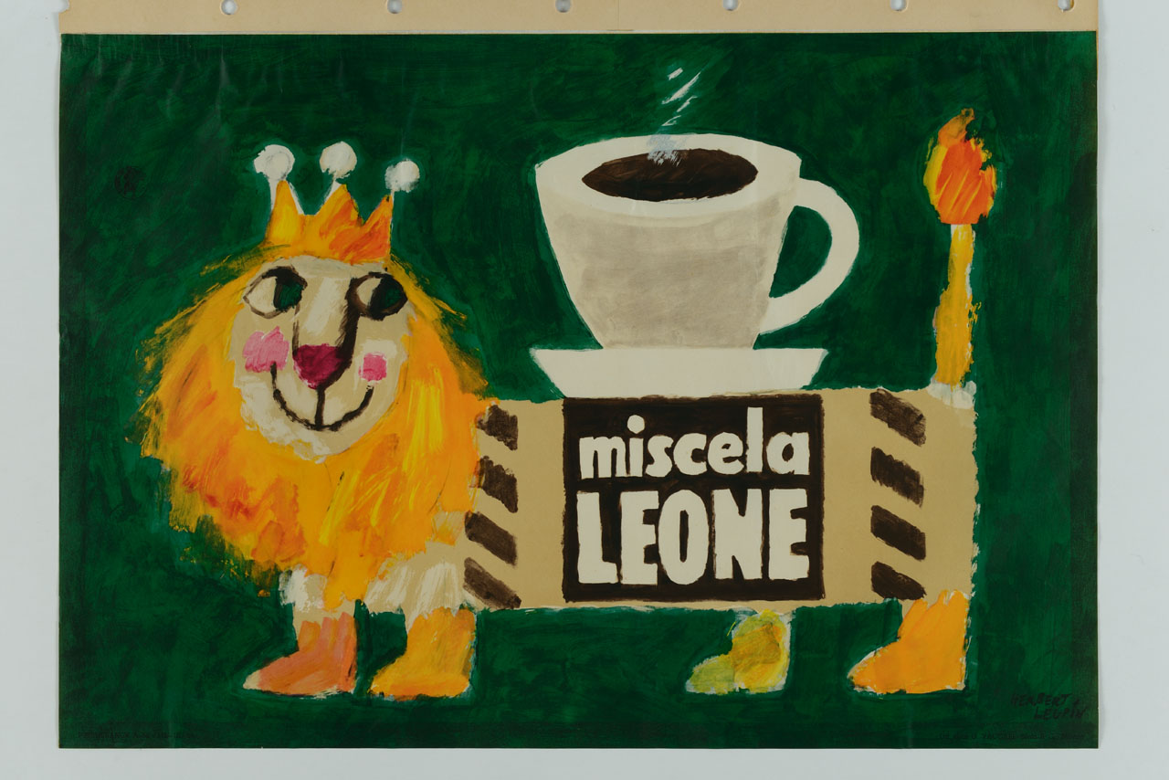 leone coronato regge sul dorso una tazzina di caffè (manifesto) di Leupin Herbert (sec. XX)