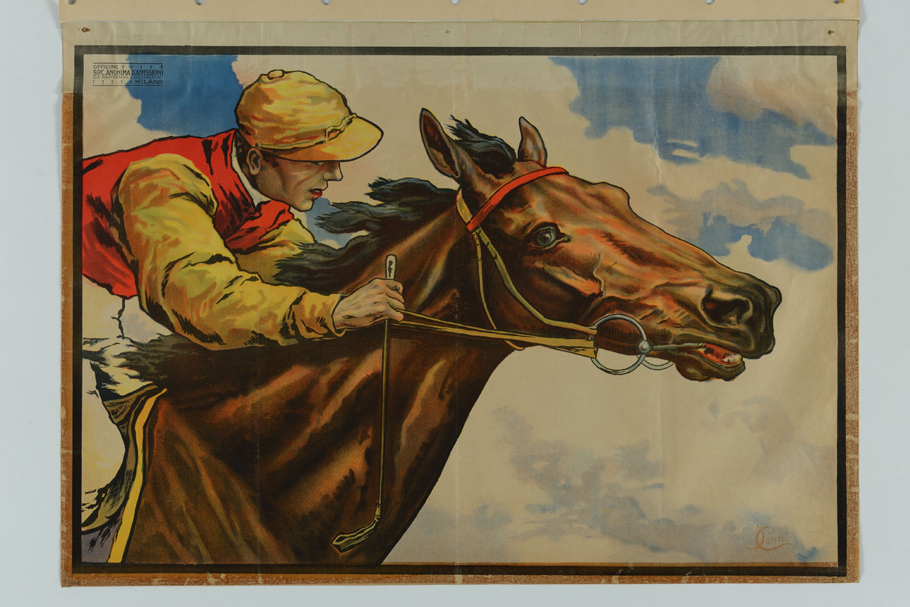 cavallo e fantino al galoppo (manifesto) di Cenni Italo (sec. XX)