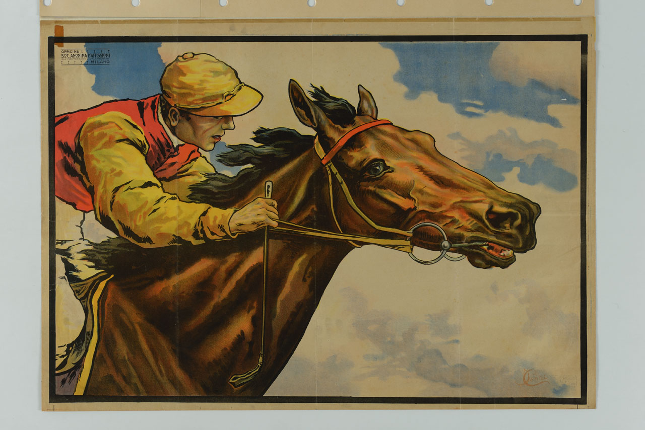 cavallo e fantino al galoppo (manifesto) di Cenni Italo (sec. XX)