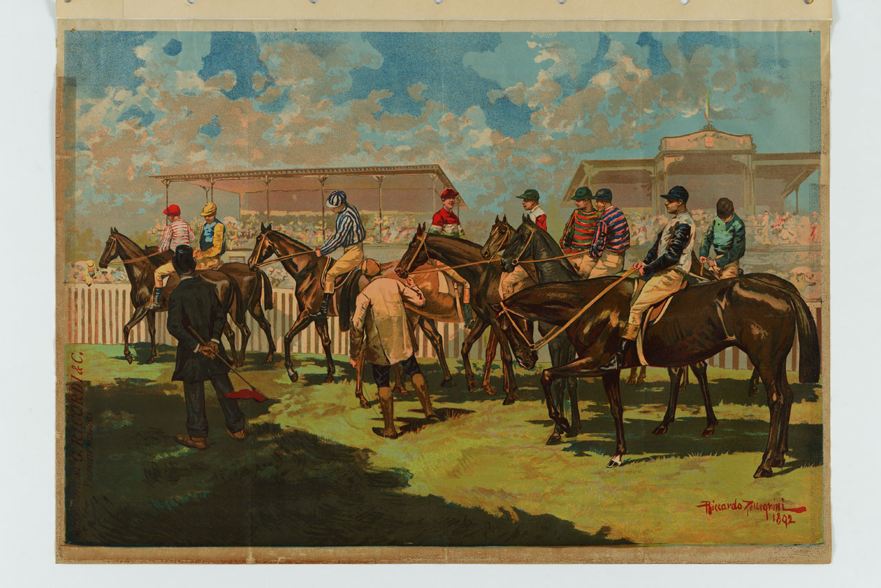 preparativi di corsa al galoppo in un ippodromo (manifesto) di Pellegrini Riccardo - ambito italiano (sec. XX)