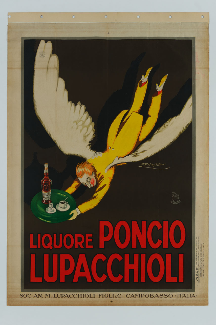 cameriere alato in volo porta un vassoio con bottiglia di liquore, bicchierino e tazzina (manifesto) di Mauzan Achille Luciano, MAGA (sec. XX)