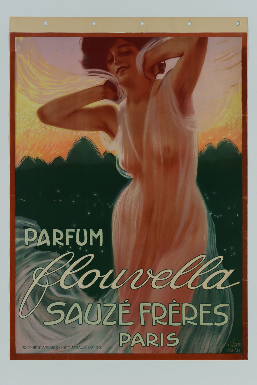 donna con le braccia alzate e le mani intorno al collo vestita di velo in un paesaggio (manifesto) di Metlicovitz Leopoldo (sec. XX)