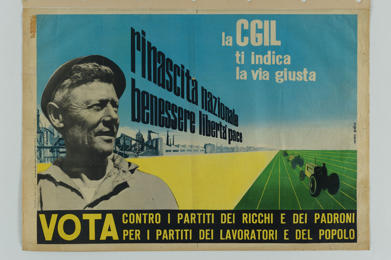 stabilimenti industriali e campi coltivati osservati da un operaio sorridente (manifesto) - ambito italiano (sec. XX)
