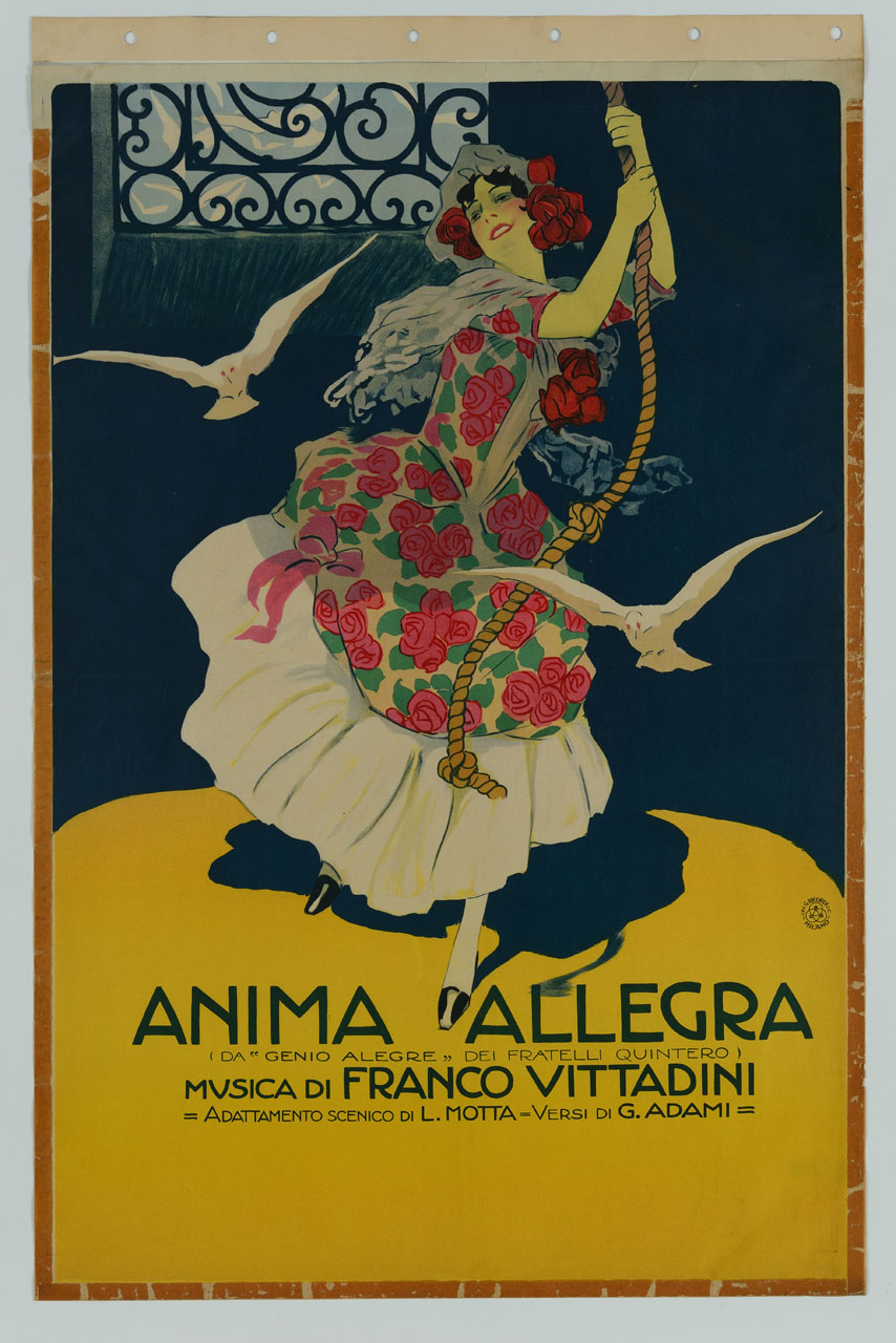 donna in abito spagnolo tira la corda di una campana tra due gabbiani in volo (manifesto) di Metlicovitz Leopoldo (attribuito) (sec. XX)