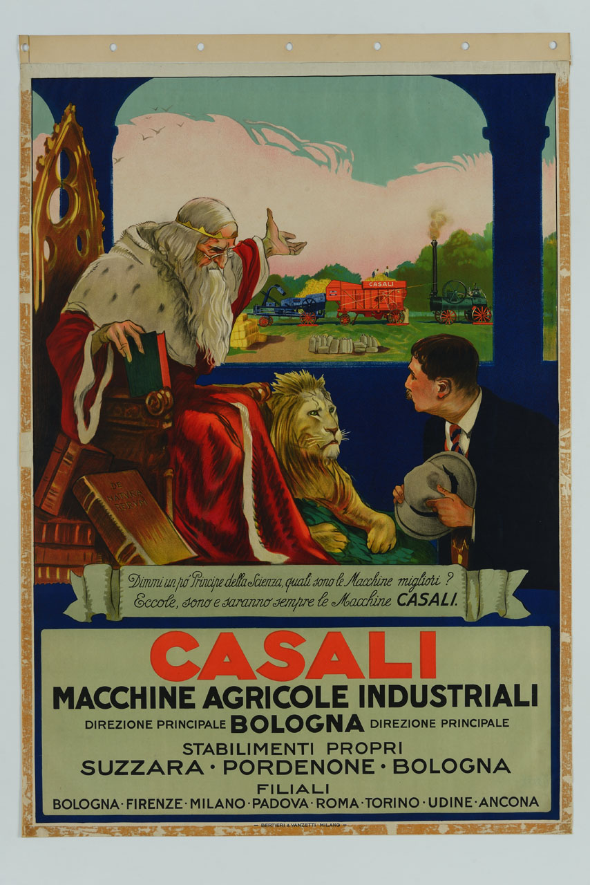 vecchio saggio seduto su un trono accanto a un leone indica a un uomo con cappello in mano una trebbiatrice (manifesto) - ambito italiano (sec. XX)