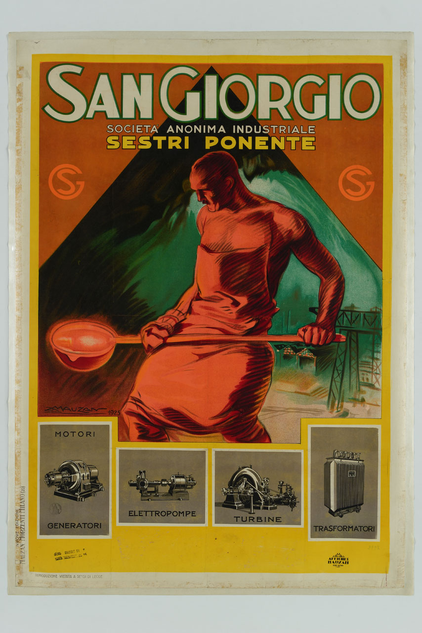 fonditore si appresta alla colata sullo sfondo di edifici industriali; articoli meccanici (manifesto) di Mauzan Achille Luciano (sec. XX)