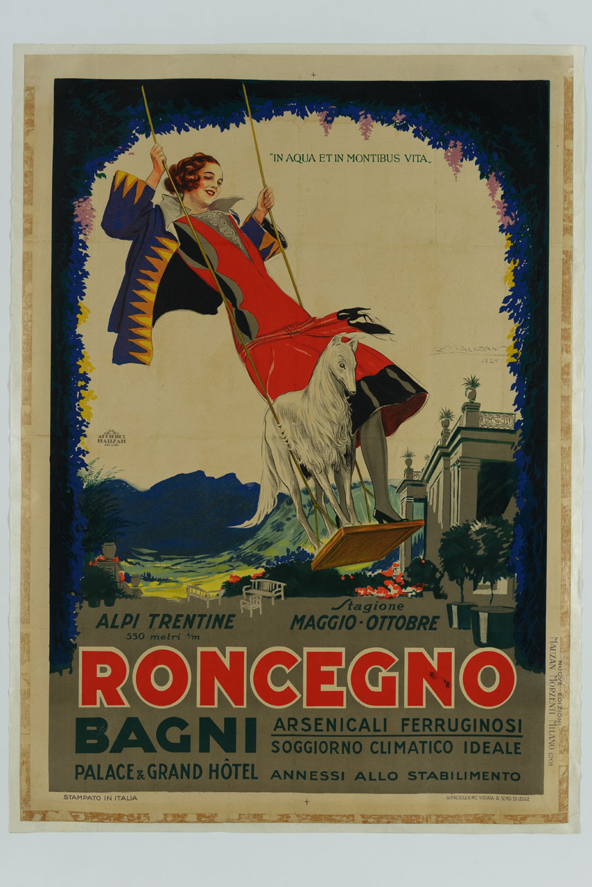 donna in piedi sull'altalena insieme a un levriero davanti al Grand Hotel di Roncegno (manifesto) di Mauzan Achille Luciano (sec. XX)