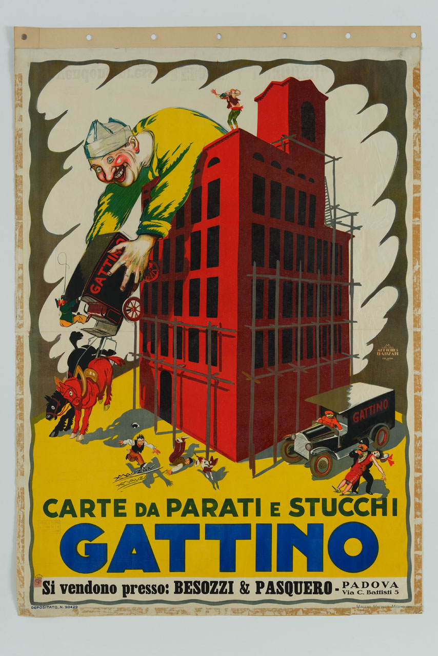 muratore gigantesco spunta da una casa in costruzione e solleva con le mani una carrozza tra lo spavento degli astanti (manifesto) di Mauzan Achille Luciano (sec. XX)