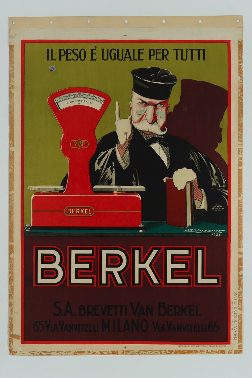 giudice ammonisce con il dito indice alzato davanti a una bilancia (manifesto) di Mauzan Achille Luciano (sec. XX)