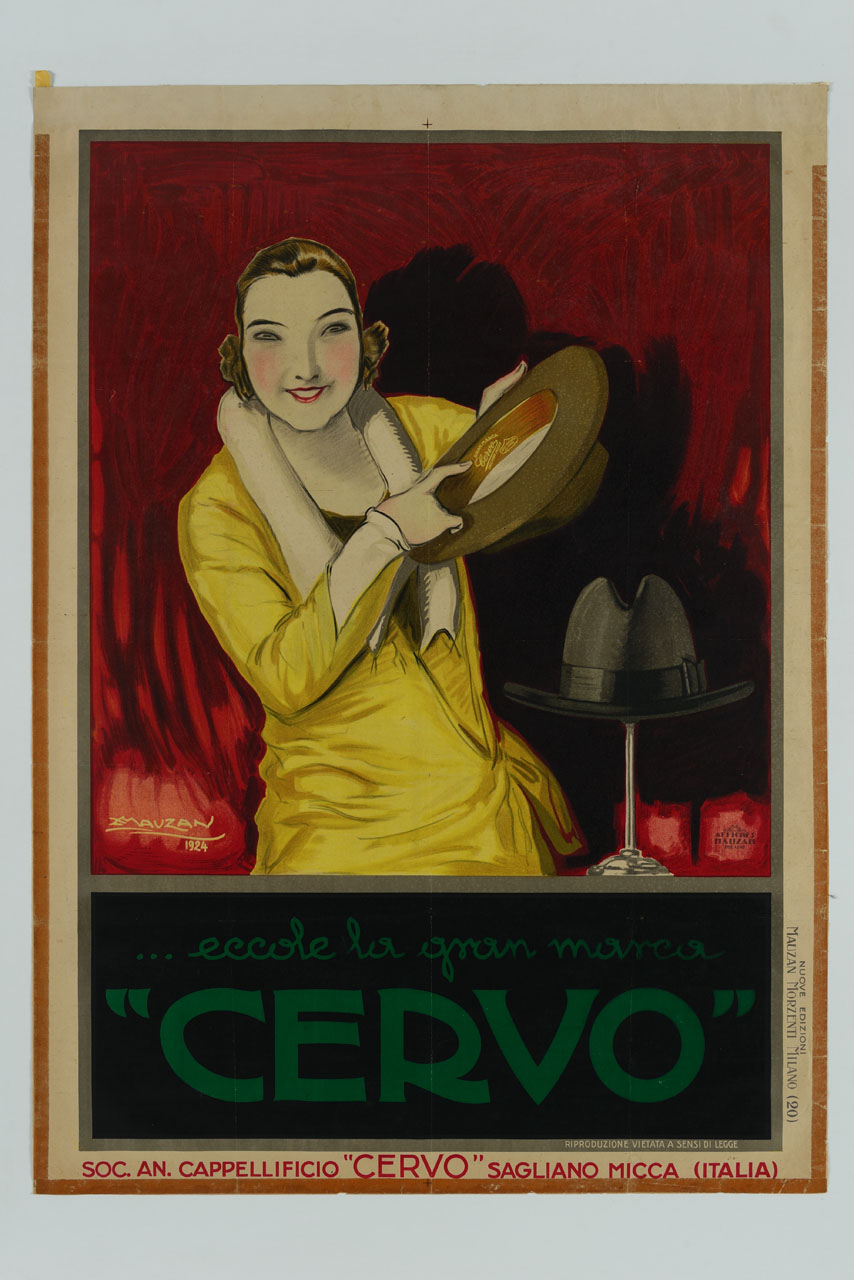 commessa mostra il marchio sulla fascia interna di un cappello (manifesto) di Mauzan Achille Luciano (sec. XX)