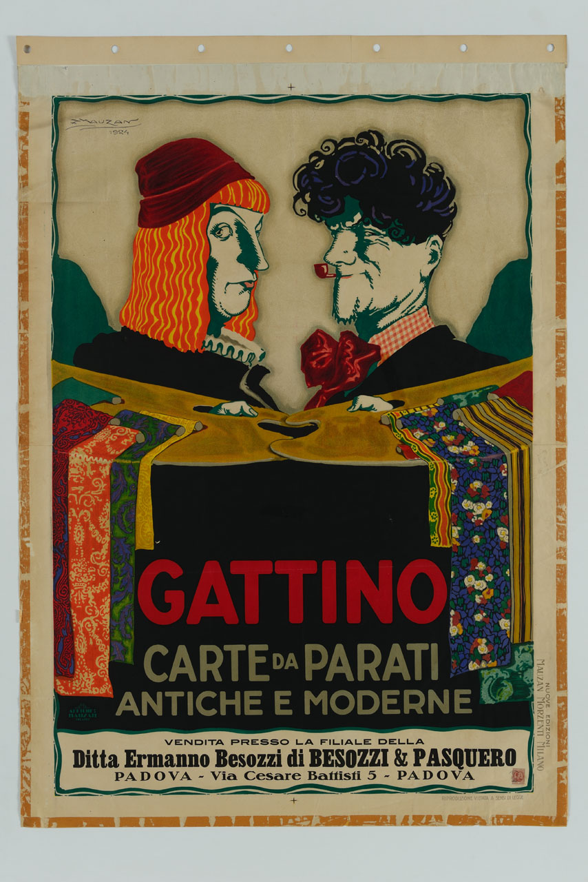 pittore rinascimentale e pittore moderno affrontati, entrambi con in mano una tavolozza da cui pendono campioni di carta da parati (manifesto) di Mauzan Achille Luciano (sec. XX)
