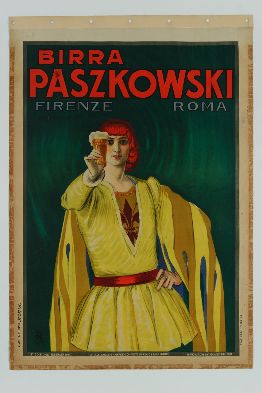 uomo in abiti rinascimentali alza un bicchiere di birra (manifesto) di Mauzan Achille Luciano, MAGA (sec. XX)