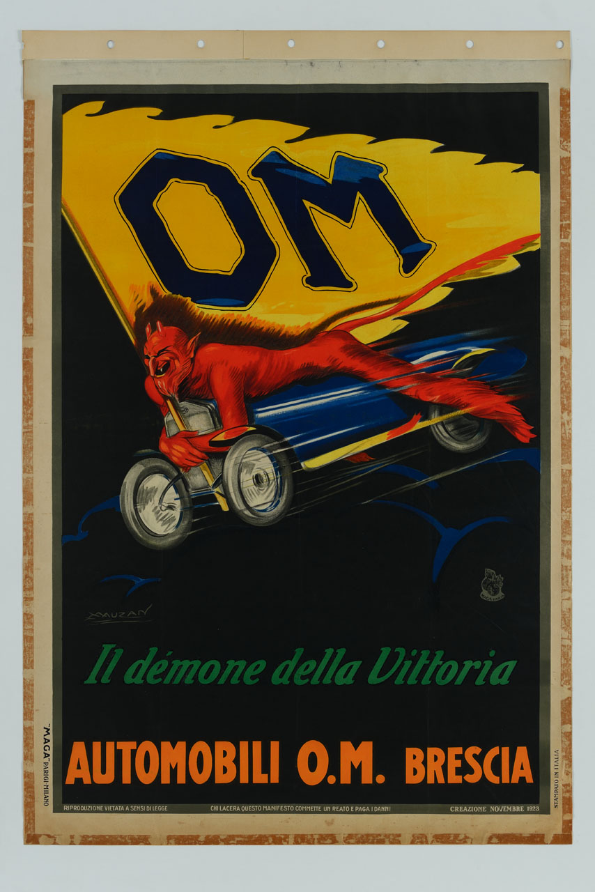 demone tiene l'asta di una bandiera sdraiato su un'automobile in corsa (manifesto) di Mauzan Achille Luciano, MAGA (sec. XX)