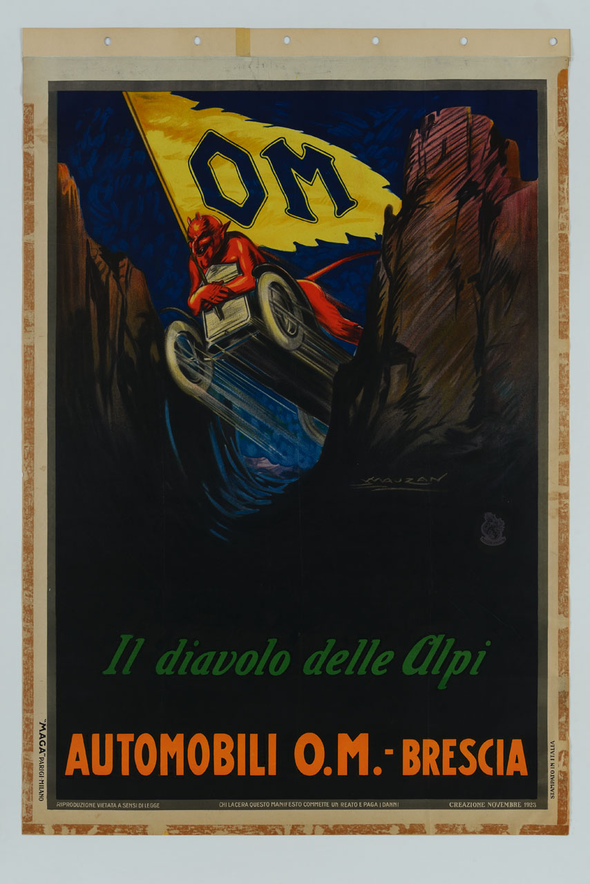 demone tiene l'asta di una bandiera sdraiato su un'automobile in corsa tra picchi rocciosi (manifesto) di Mauzan Achille Luciano, MAGA (sec. XX)