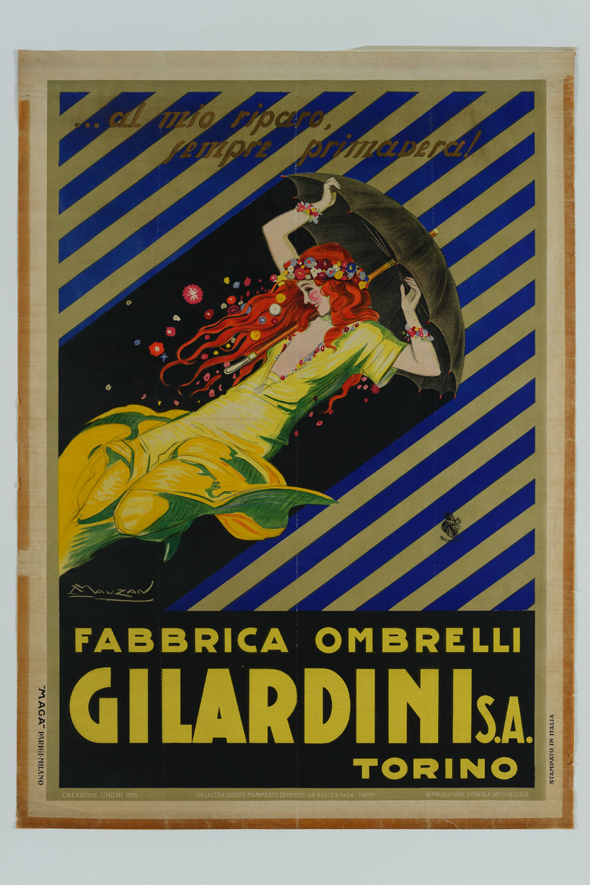 fanciulla con corona e bracciali di fiori e abito svolazzante si ripara sotto un ombrello (manifesto) di Mauzan Achille Luciano, MAGA (sec. XX)