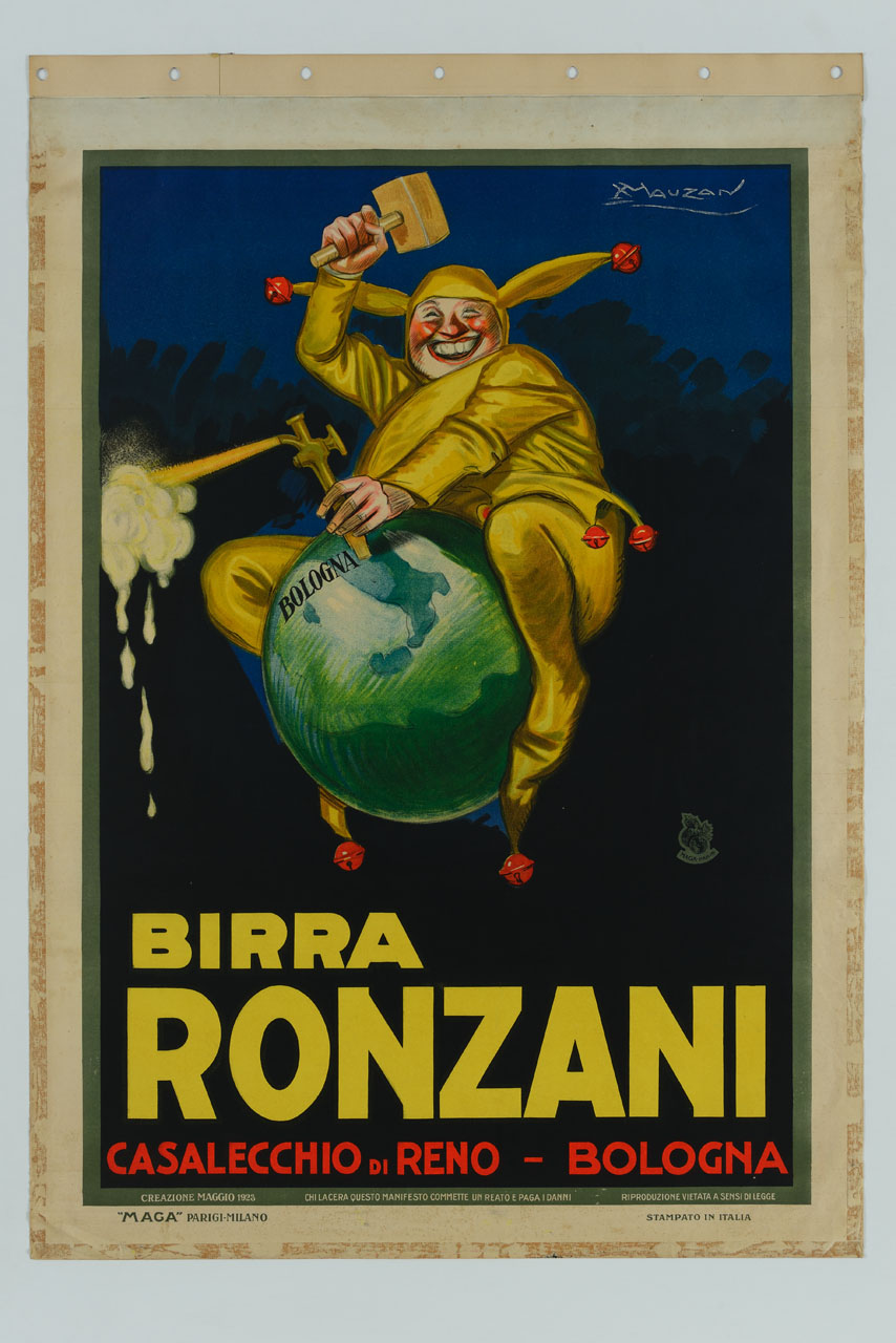 giullare a cavalcioni sul Globo terrestre pianta una spilla da birra in corrispondenza di Bologna (manifesto) di Mauzan Achille Luciano, MAGA (sec. XX)