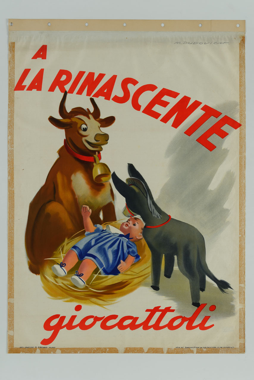 bue ed asinello seduti davanti ad una bambola sdraiata nel fieno (manifesto) di Dudovich Marcello (sec. XX)