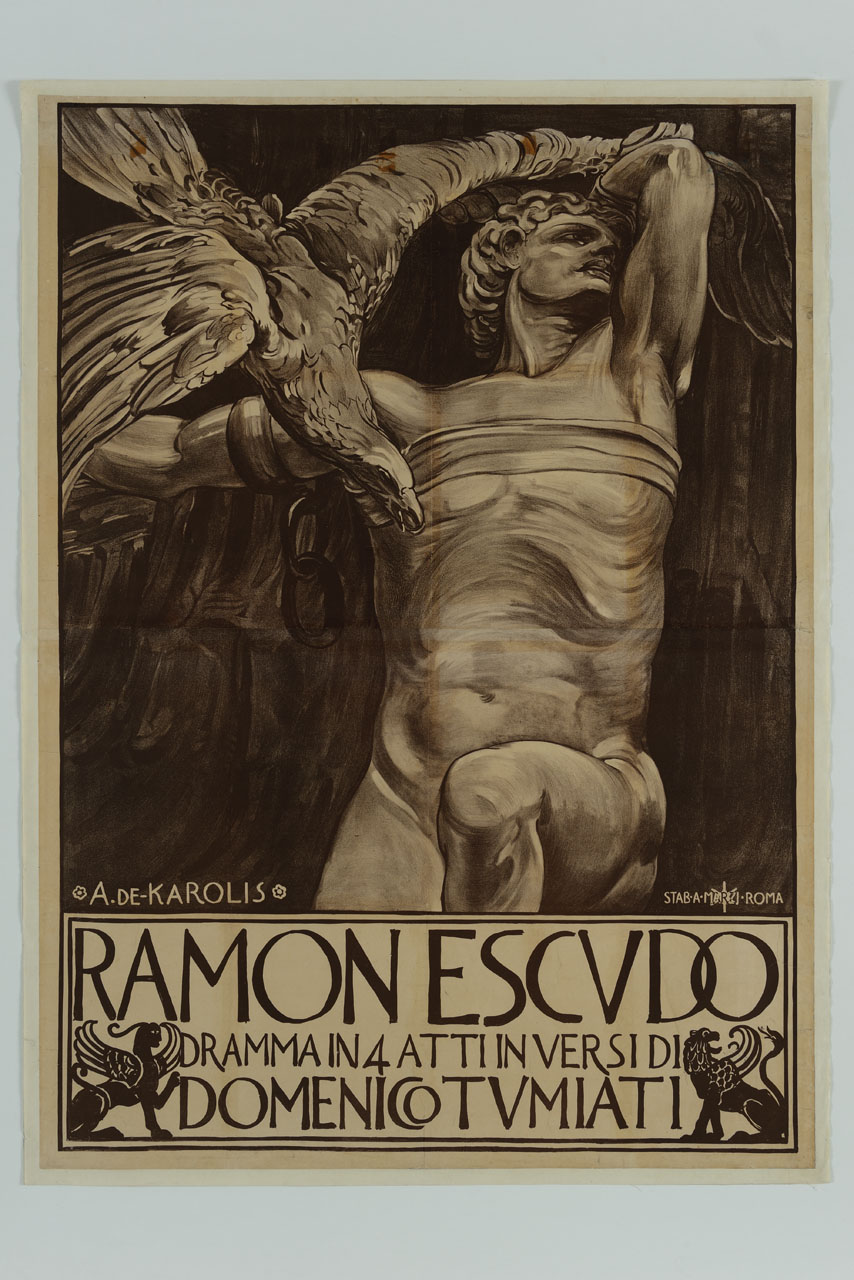 uomo a torso nudo con aquila ad ali spiegate (manifesto) di De Carolis Adolfo (sec. XX)