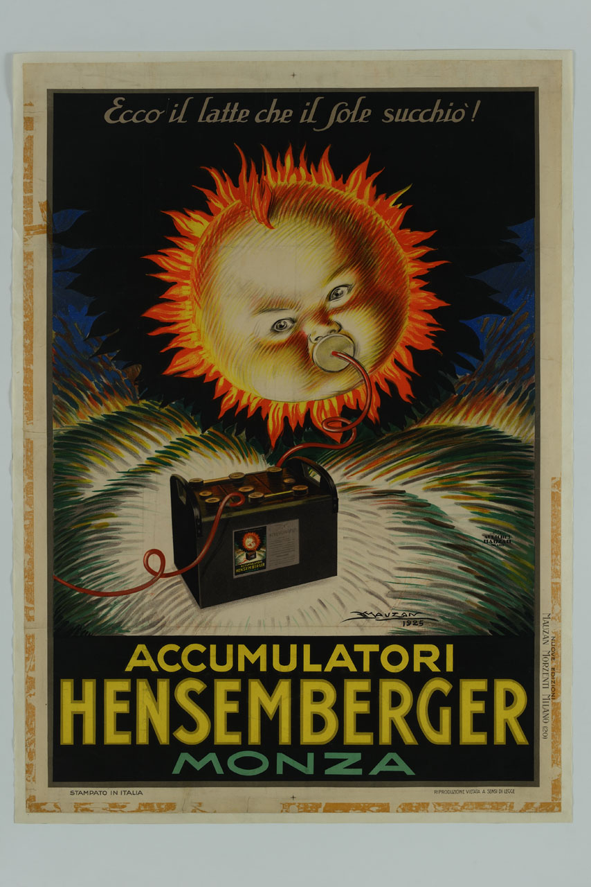 Sole con faccia di neonato succhia energia da un accumulatore (manifesto) di Mauzan Achille Luciano (sec. XX)