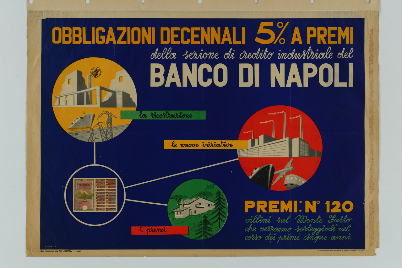 quattro oblò con scorci industriali, un paesaggio e un libretto di risparmio (manifesto) di Amadelli - ambito italiano (sec. XX)