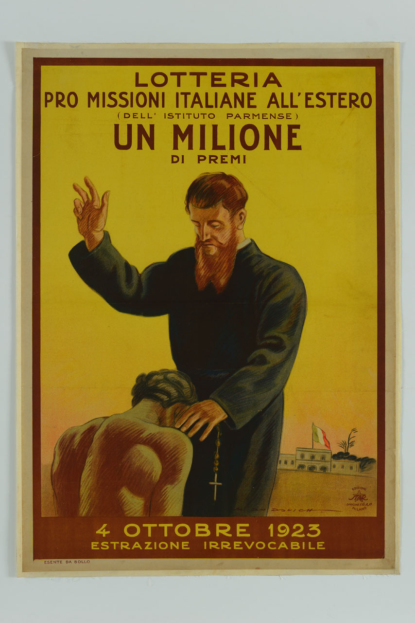 frate impartisce benedizione a un uomo a torso nudo e inginocchiato (manifesto) di Dudovich Marcello (sec. XX)