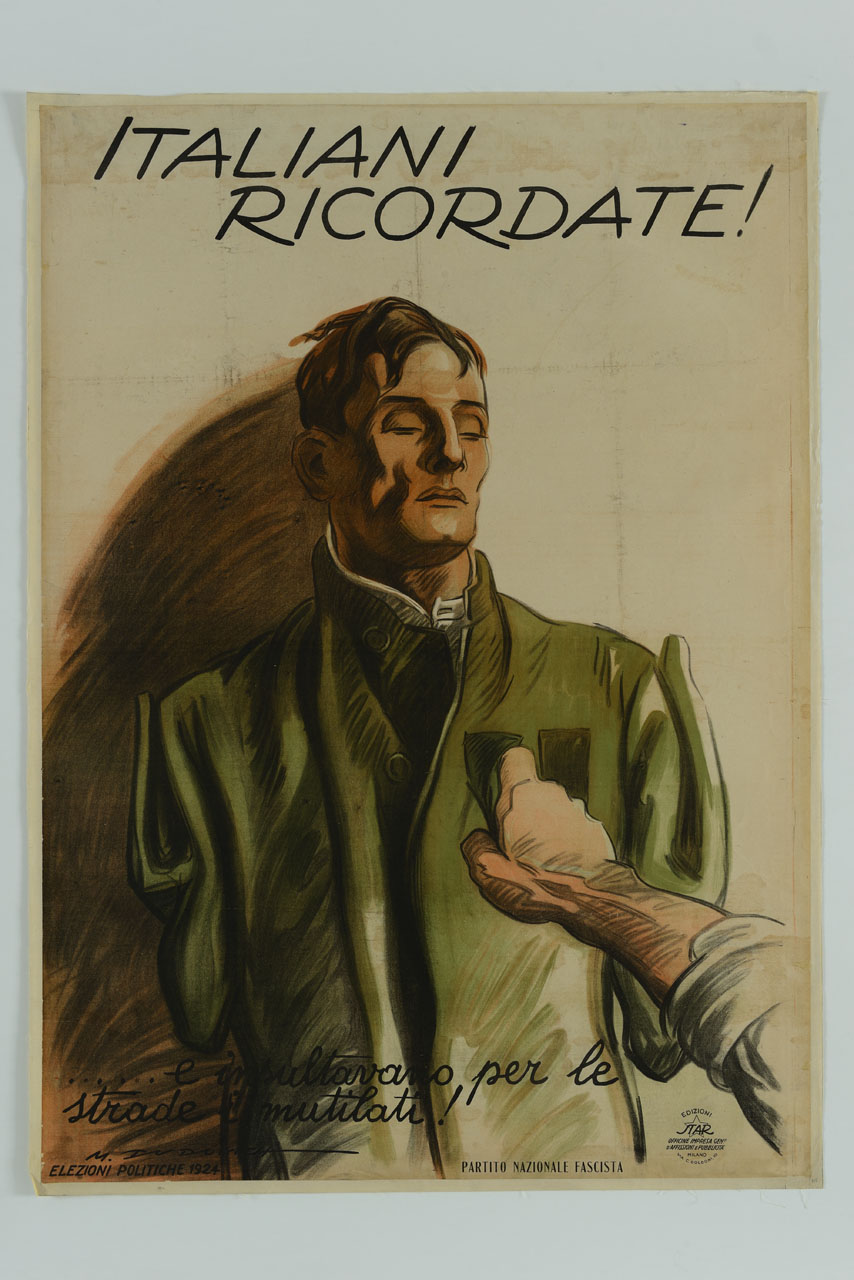 soldato in uniforme e mutilato delle braccia additato da un braccio in primo piano (manifesto) di Dudovich Marcello (sec. XX)