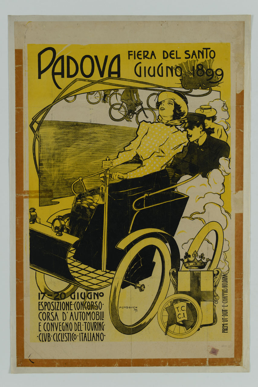 gruppo di persone in automobile seguite da biciclette (manifesto) di Dudovich Marcello (sec. XX)