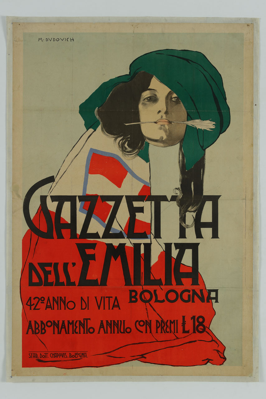 donna avvolta nella bandiera italiana con penna tra le labbra (manifesto) di Dudovich Marcello (sec. XX)