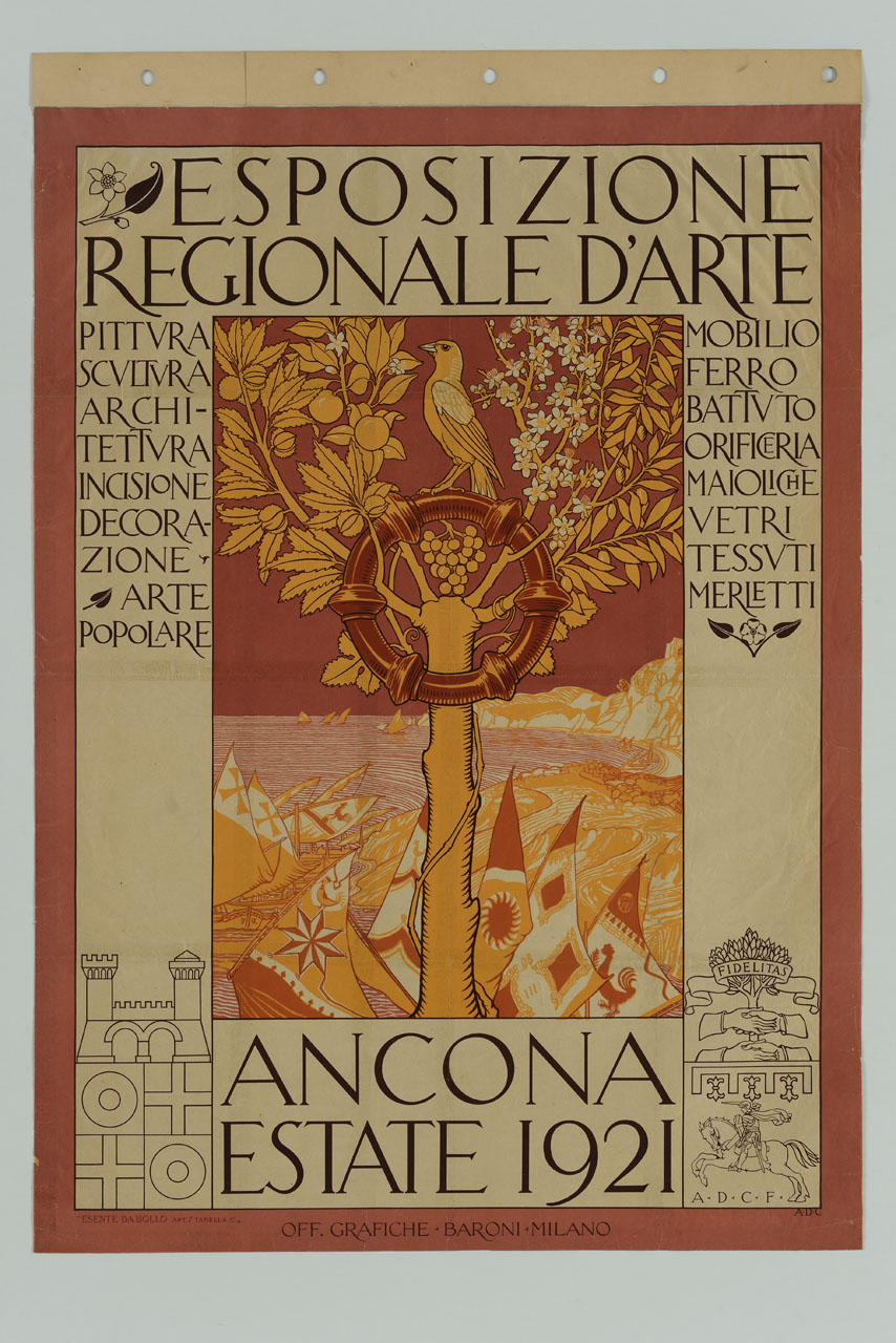 albero con uccello, fiori, foglie e frutti e sullo sfondo paesaggio marittimo (manifesto) di De Carolis Adolfo (sec. XX)