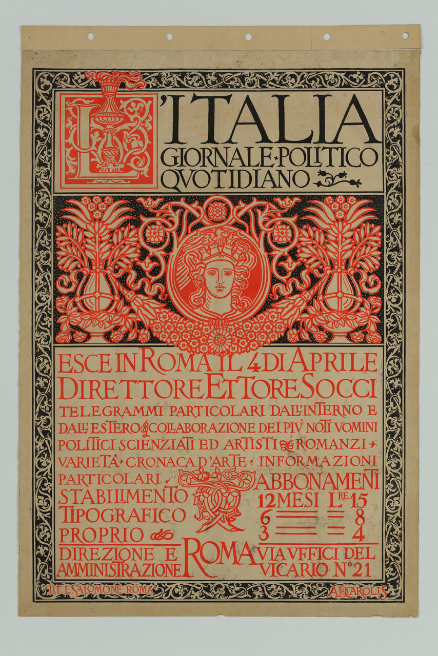 Italia turrita attorniato da ghirlande, foglie e fiori (manifesto) di De Carolis Adolfo (sec. XX)