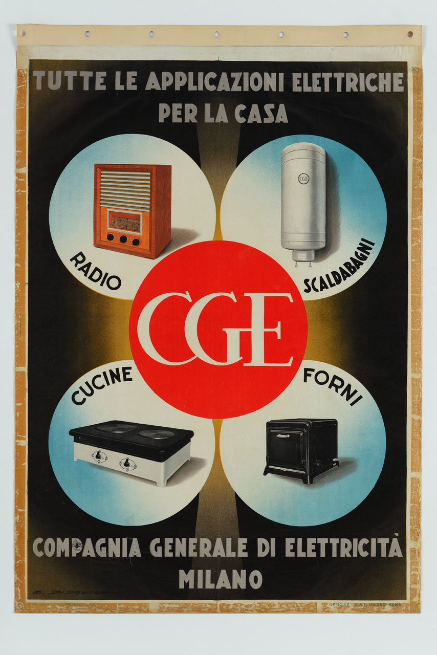 logo CGE con radio, scaldabagno, cucina elettrica e forno (manifesto) di Dudovich Marcello (sec. XX)