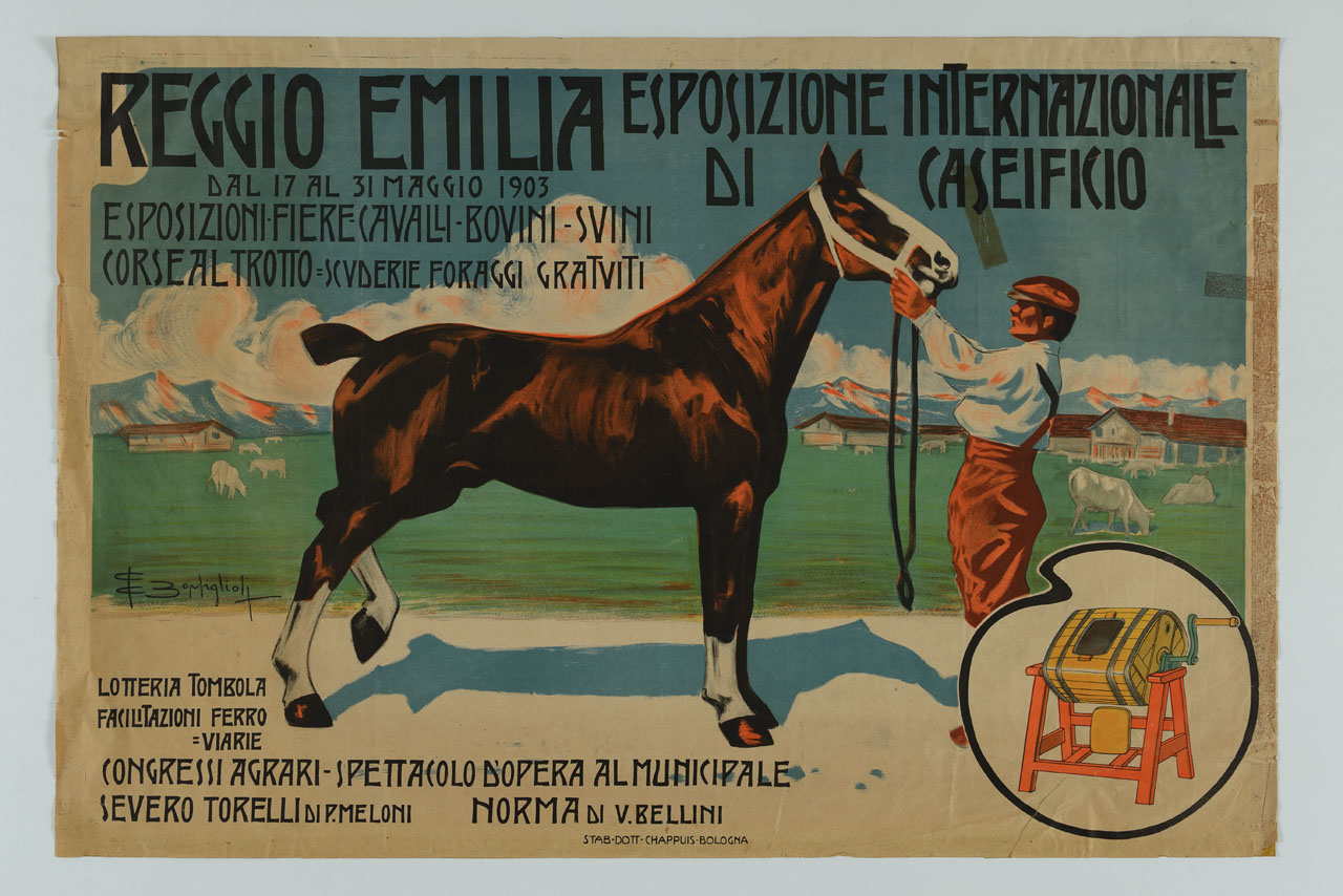 stalliere sistema la briglia a un cavallo sullo sfondo di una fattoria (manifesto) di Bonfiglioli Gigi (sec. XX)