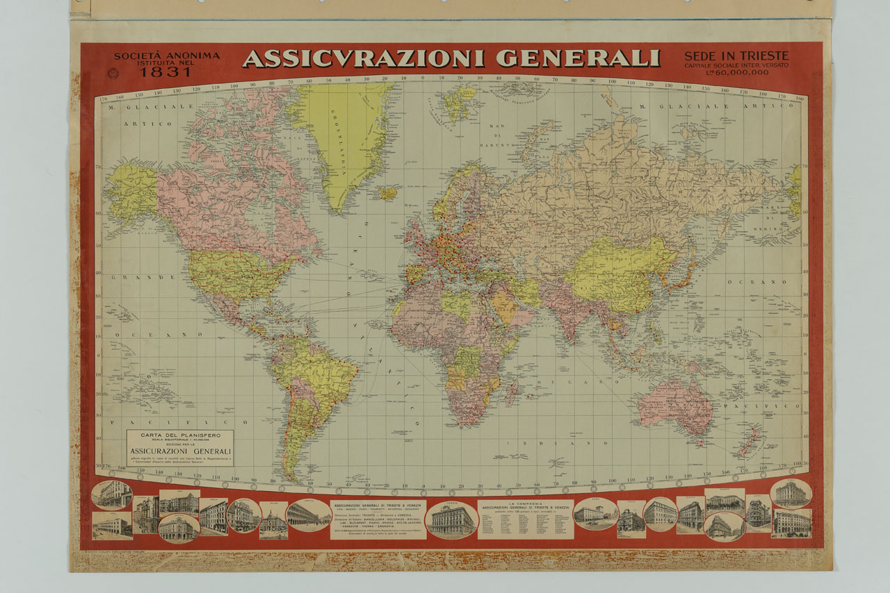planisfero e vedute di edifici in varie città dell'Europa e del Nord Africa (manifesto) - ambito italiano (sec. XX)