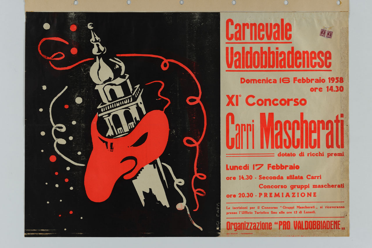 maschera di Carnevale attorno a un campanile (manifesto) di Cappadonia Giuseppe (sec. XX)