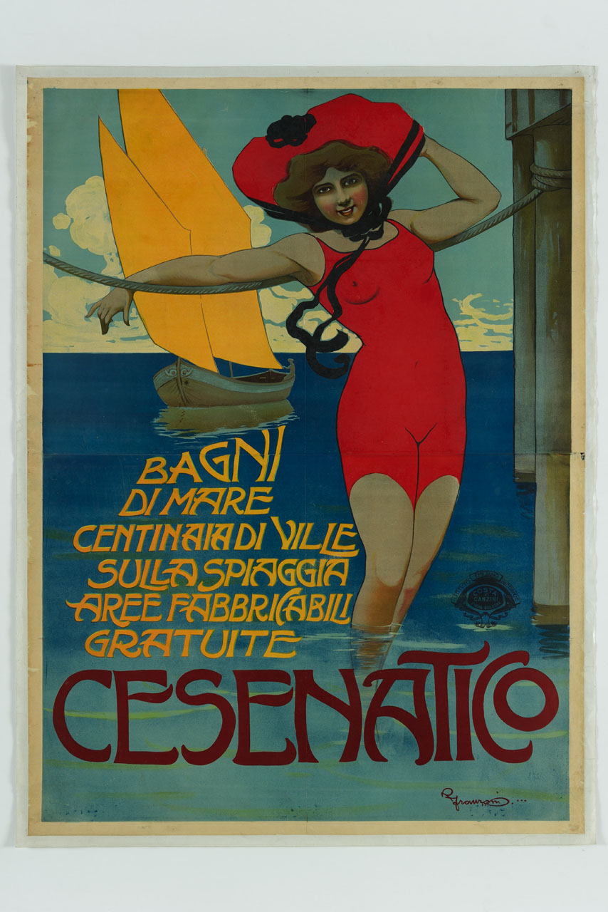 donna in acqua in costume da bagno e barca a vela sullo sfondo (manifesto) di Franzoni Roberto (sec. XX)