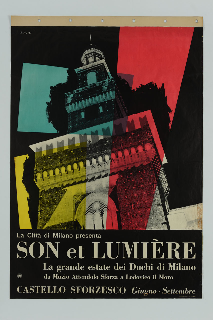 torre del Castello Sforzesco di Milano illuminata da luci colorate (manifesto) di Rossi Attilio (sec. XX)