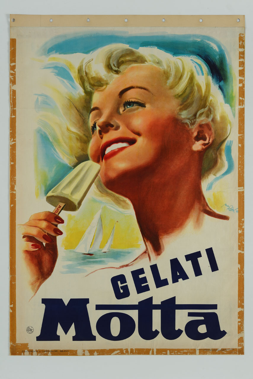 donna a mezzo busto mangia un gelato (manifesto) di Rossi Vanni (sec. XX)
