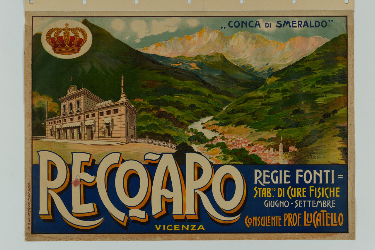 conca di montagna con corso d'acqua, villaggio e residenza con belvedere (manifesto) di U. Ubaldi - ambito italiano (sec. XX)