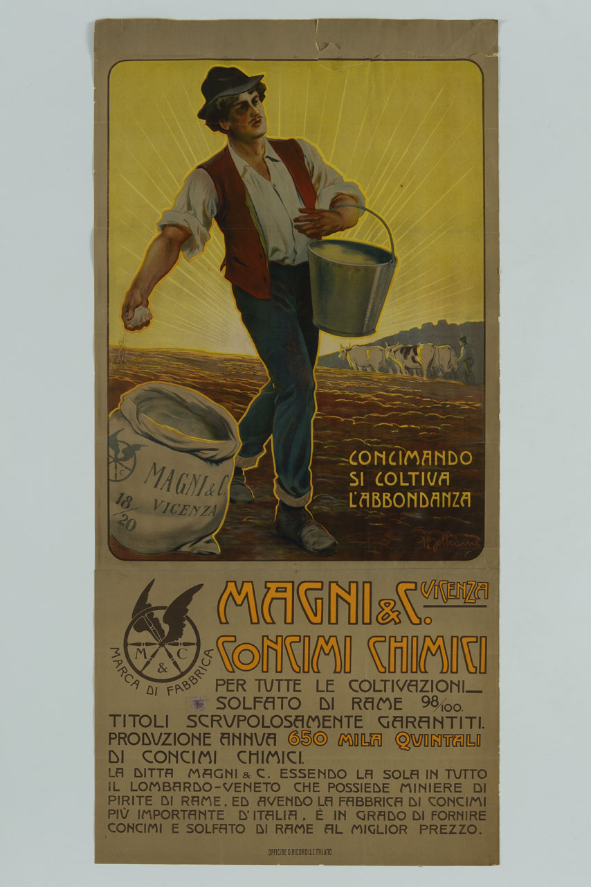 contadino sparge concime su un campo arato (manifesto) di Beltrame Achille (sec. XX)