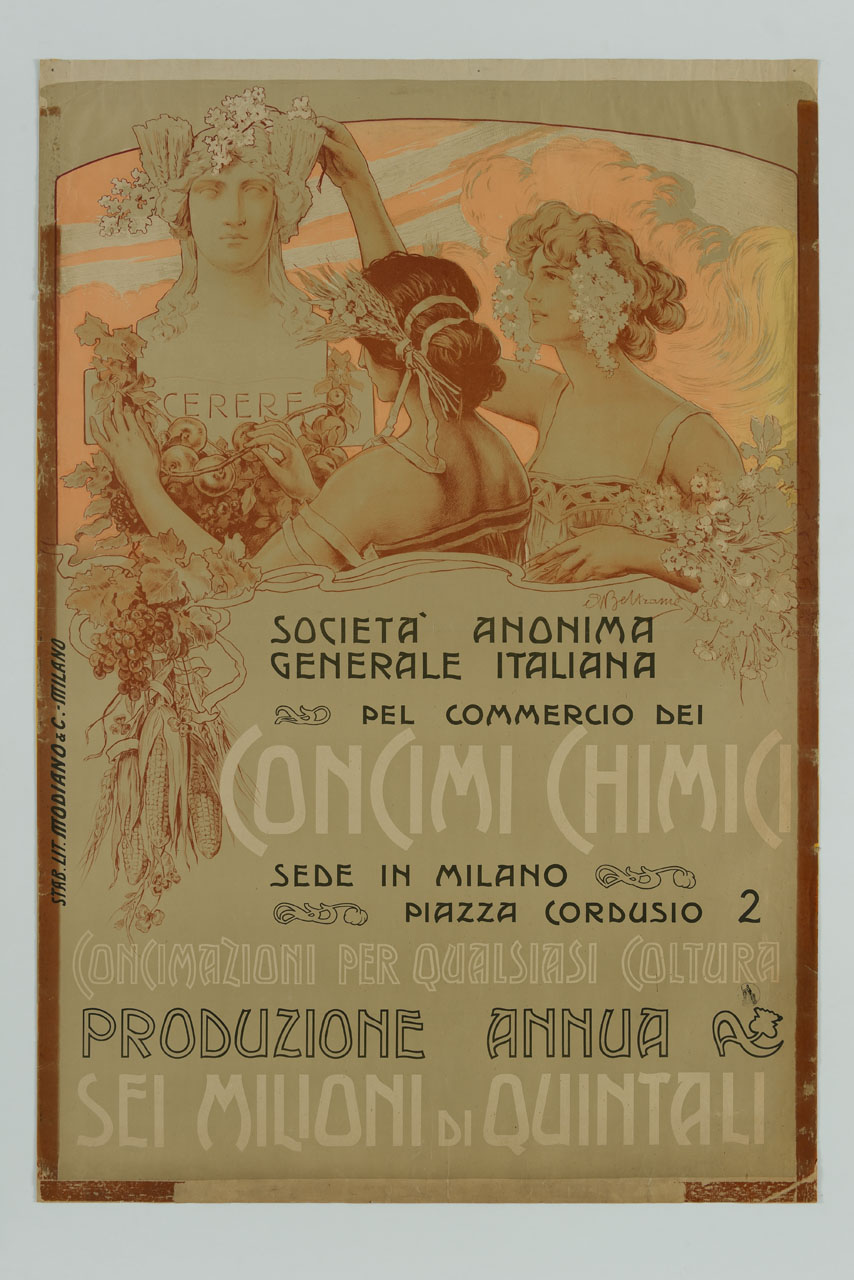 due ragazze pongono fiori e frutti sul busto di Cerere (manifesto) di Beltrame Achille (sec. XX)