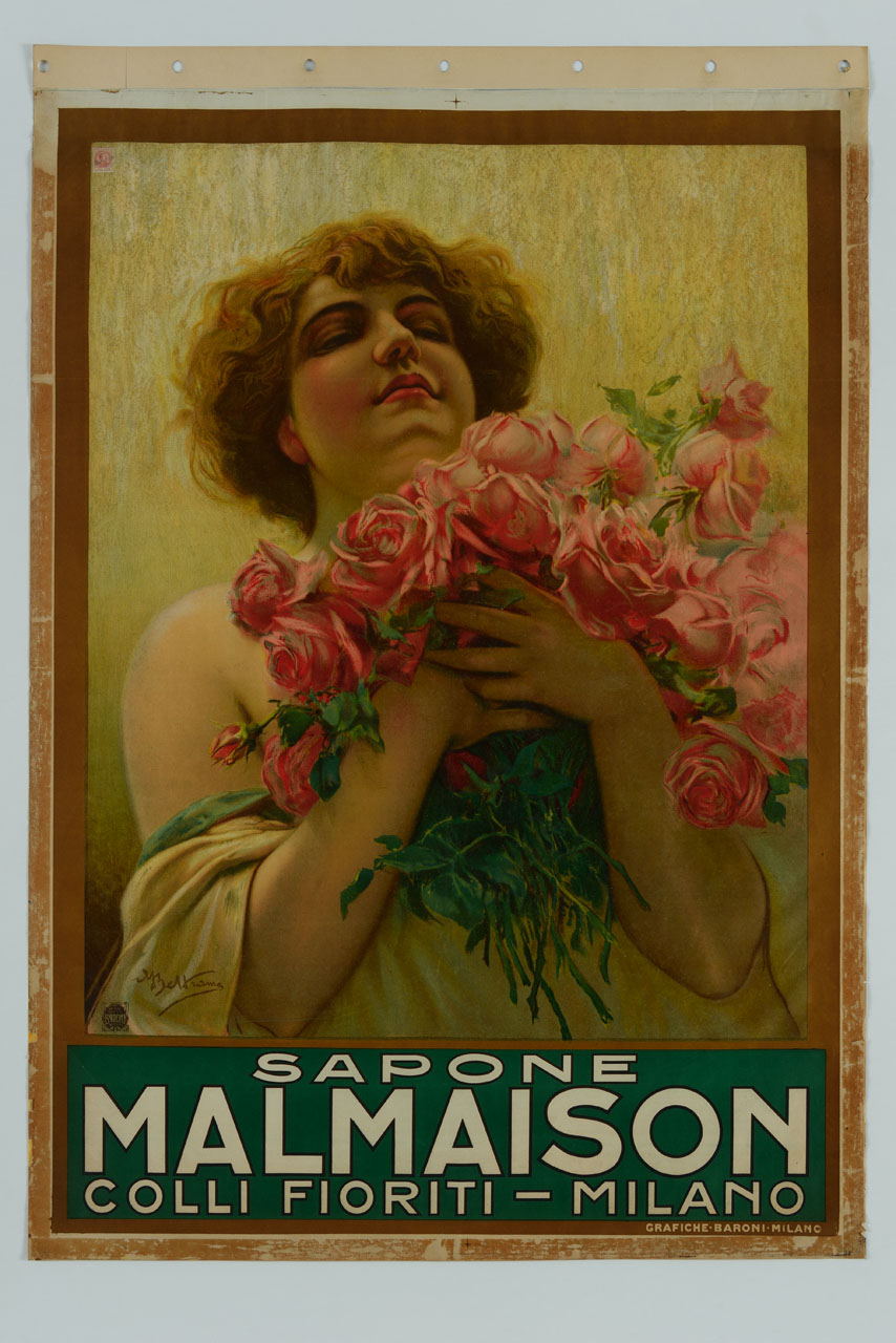 donna stringe al petto un mazzo di rose (manifesto) di Beltrame Achille (sec. XX)