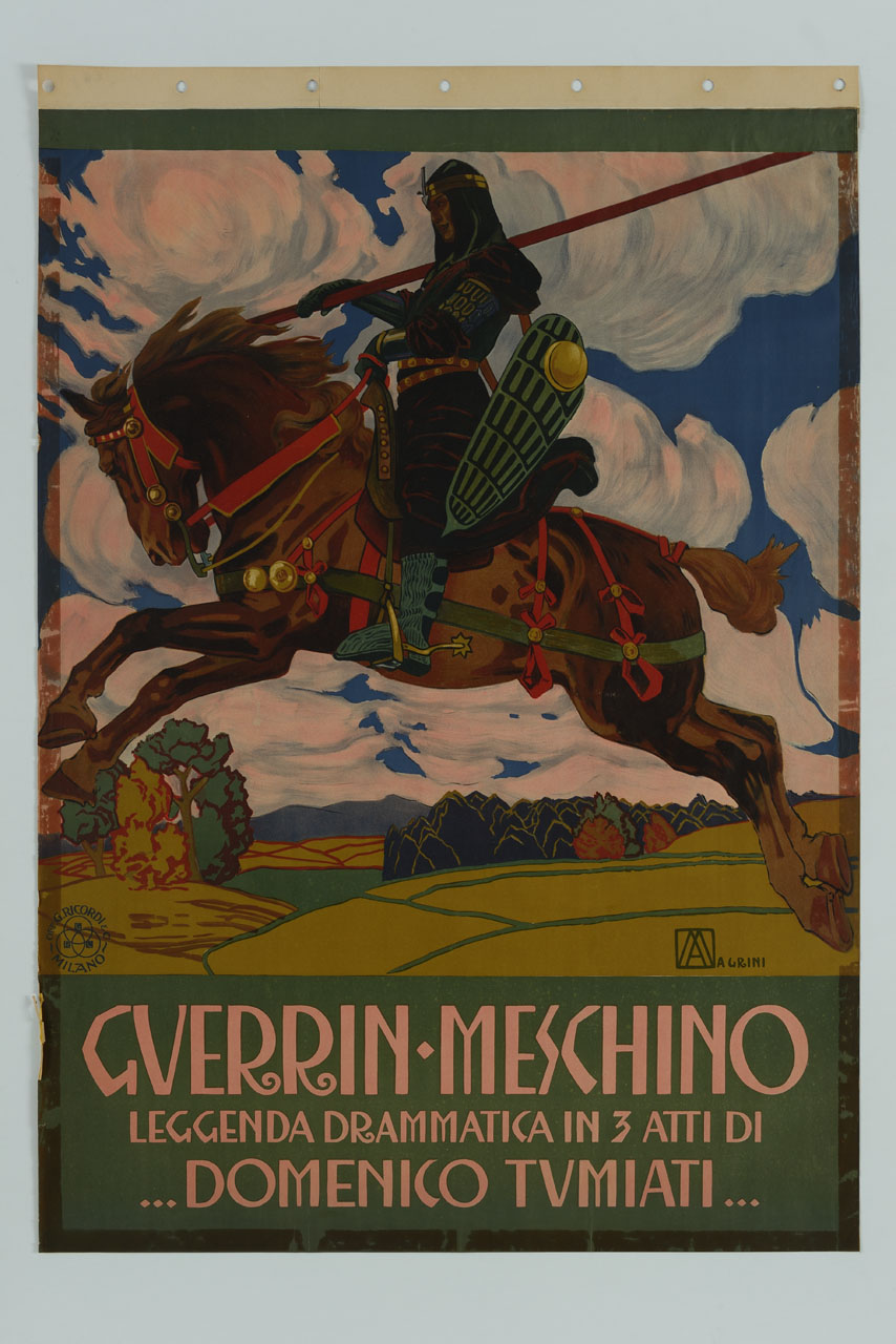 cavaliere con lancia e scudo su cavallo in corsa (manifesto) di Magrini Adolfo (sec. XX)