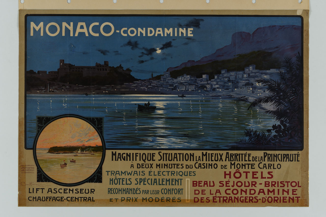 veduta di Monaco e paesaggio marino in un oblò (manifesto) di Craffonara Aurelio (sec. XX)