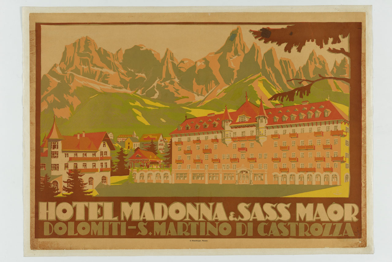 veduta di un centro abitato e di un albergo in montagna (manifesto) - ambito italiano (sec. XX)