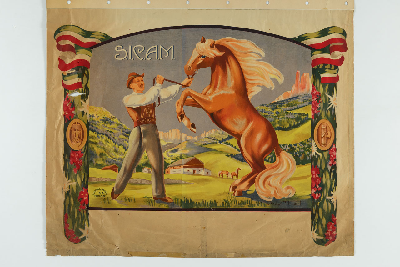 addestratore e cavallo in uno scenario di montagna (manifesto) di Maistri - ambito italiano (sec. XX)